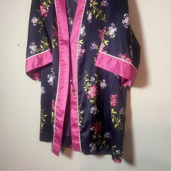 Lauren Ralph Lauren Floral Robe Kimono Navy Blue Floral Pink Size Large No Belt - Picture 3 of 11